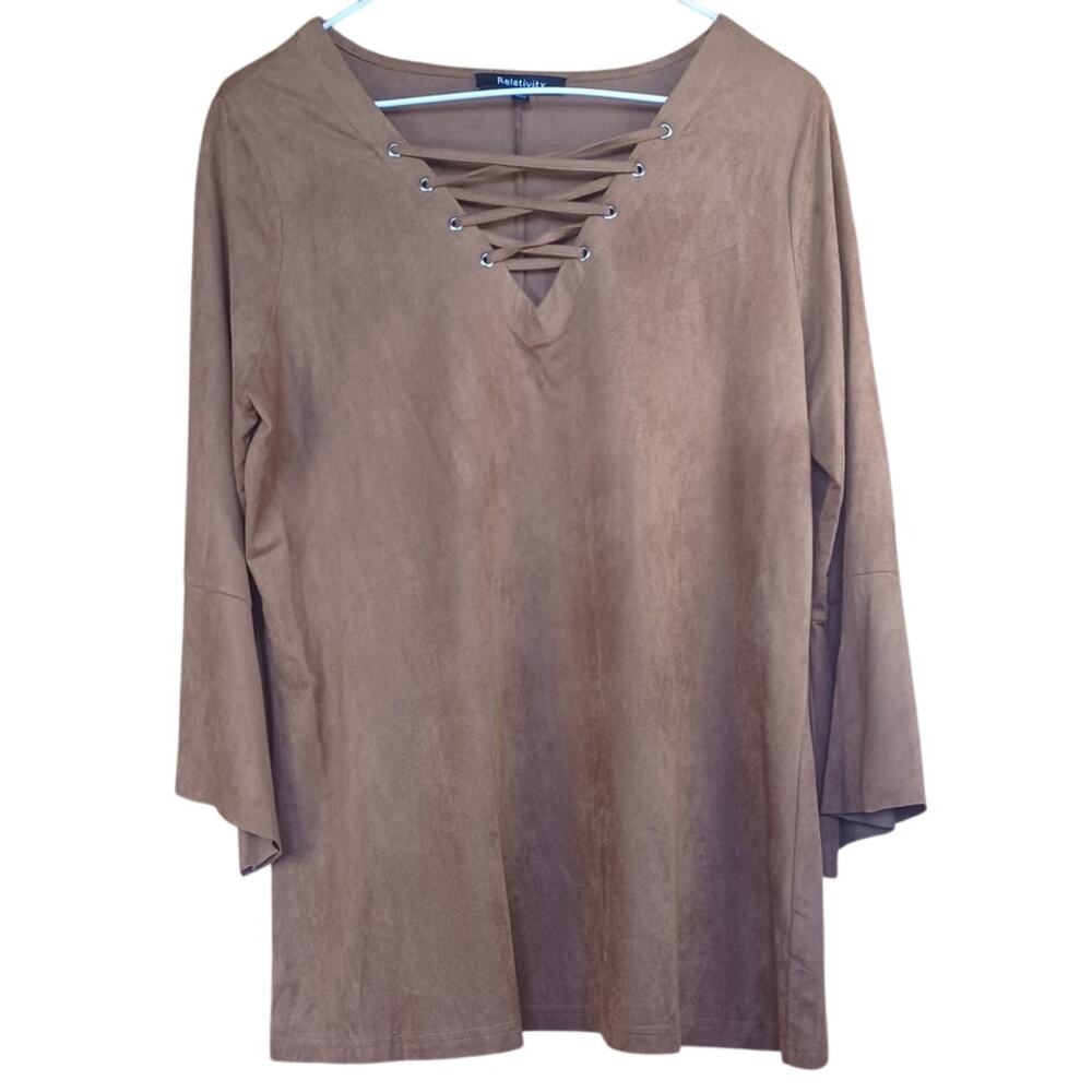Relativity Faux Suede Lace-Up Top Womens Medium Brown Western Bell Sleeve Blouse